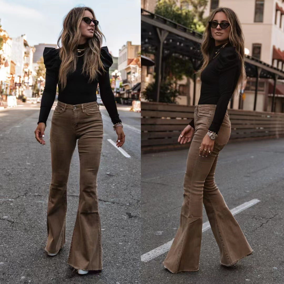 Solid Color Mid-waist Slim-fit Micro Flared Pants Corduroy - Fashionner