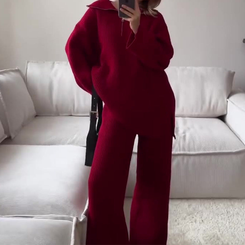 Women's Fashion Solid Color Half Zipper Collar Solid Color Trousers Two-piece Set - Fashionner