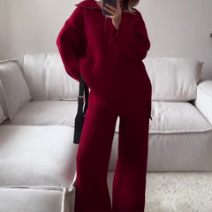 Women's Fashion Solid Color Half Zipper Collar Solid Color Trousers Two-piece Set - Fashionner