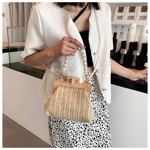 Sac à bandoulière tressé en paille avec perles pour femme
