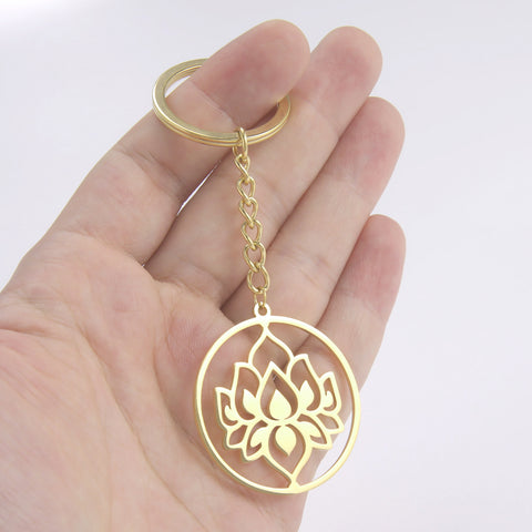 Porte-clés en acier inoxydable et titane à motif de lotus