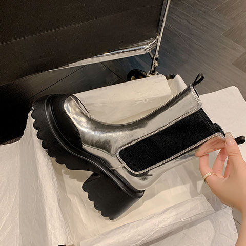 Autumn And Winter Cowhide Silver Platform Martin Boots High Heels Fleece-lined Waterproof Platform Thick Heel Stretch Women - Fashionner