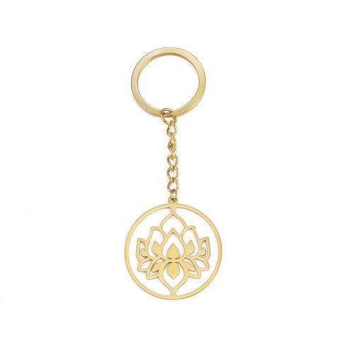 Porte-clés en acier inoxydable et titane à motif de lotus