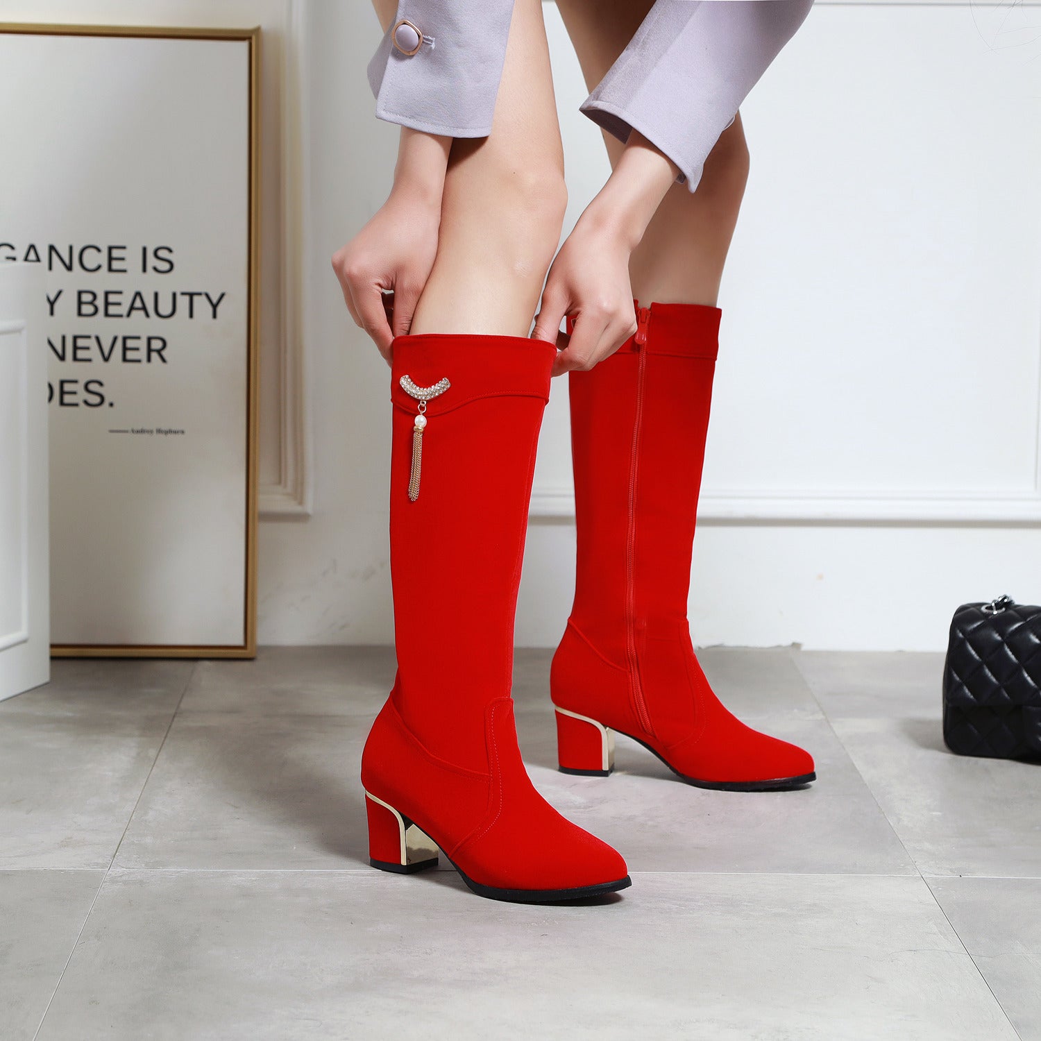 Large And Small Size Women's Suede Boots Metal Rhinestone Pendant Thick High Heel Side Zipper - Fashionner