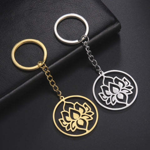 Porte-clés en acier inoxydable et titane à motif de lotus