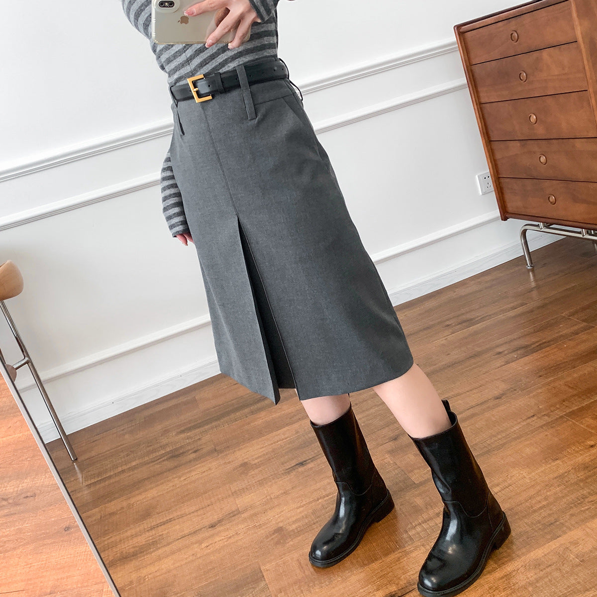 Women's Skirt Gray Worsted Pleated Suit A- Line Skirt Business Wear - Fashionner