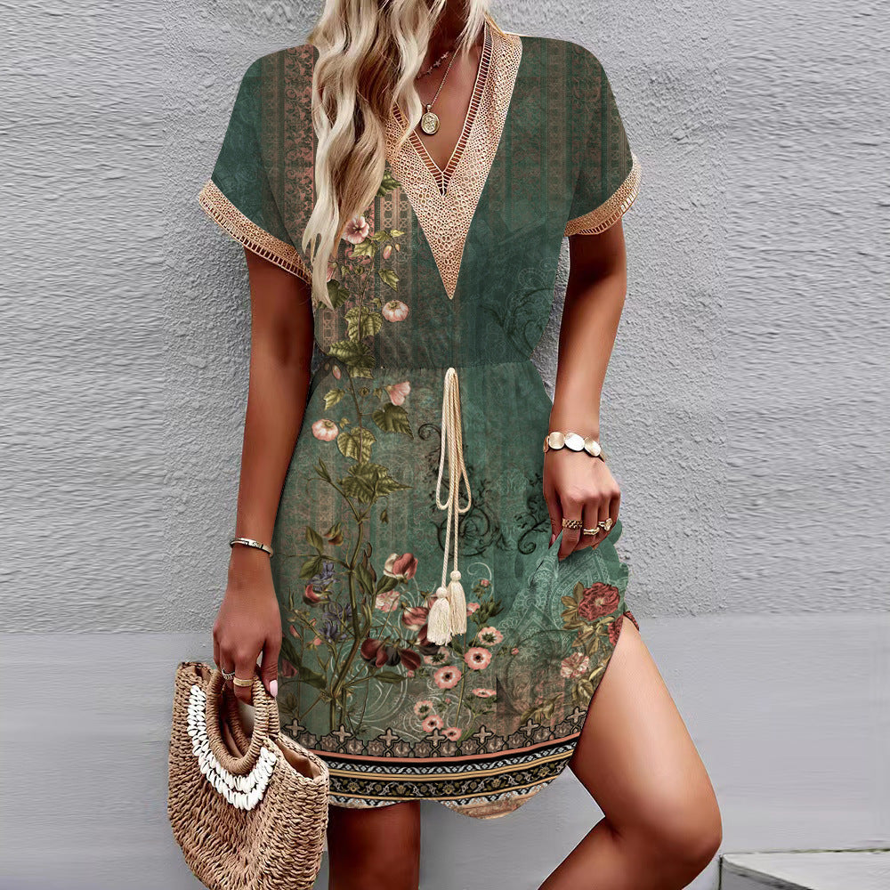 Printed Short Sleeve Lace V-neck Tight Waist Dress - Fashionner