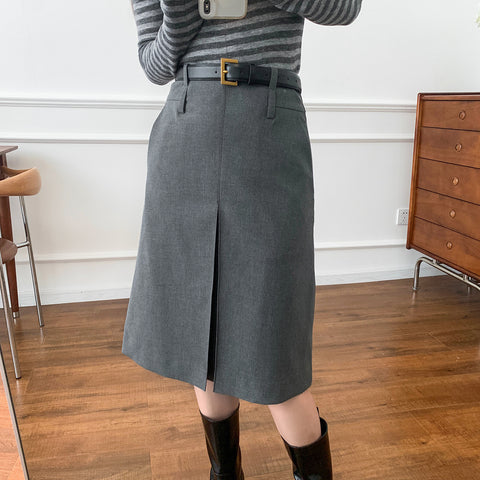 Women's Skirt Gray Worsted Pleated Suit A- Line Skirt Business Wear - Fashionner