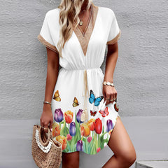 Printed Short Sleeve Lace V-neck Tight Waist Dress - Fashionner
