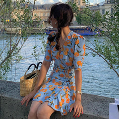 French Floral Tied Dress Orange Printed V-neck Short Sleeve Slim Dress - Fashionner