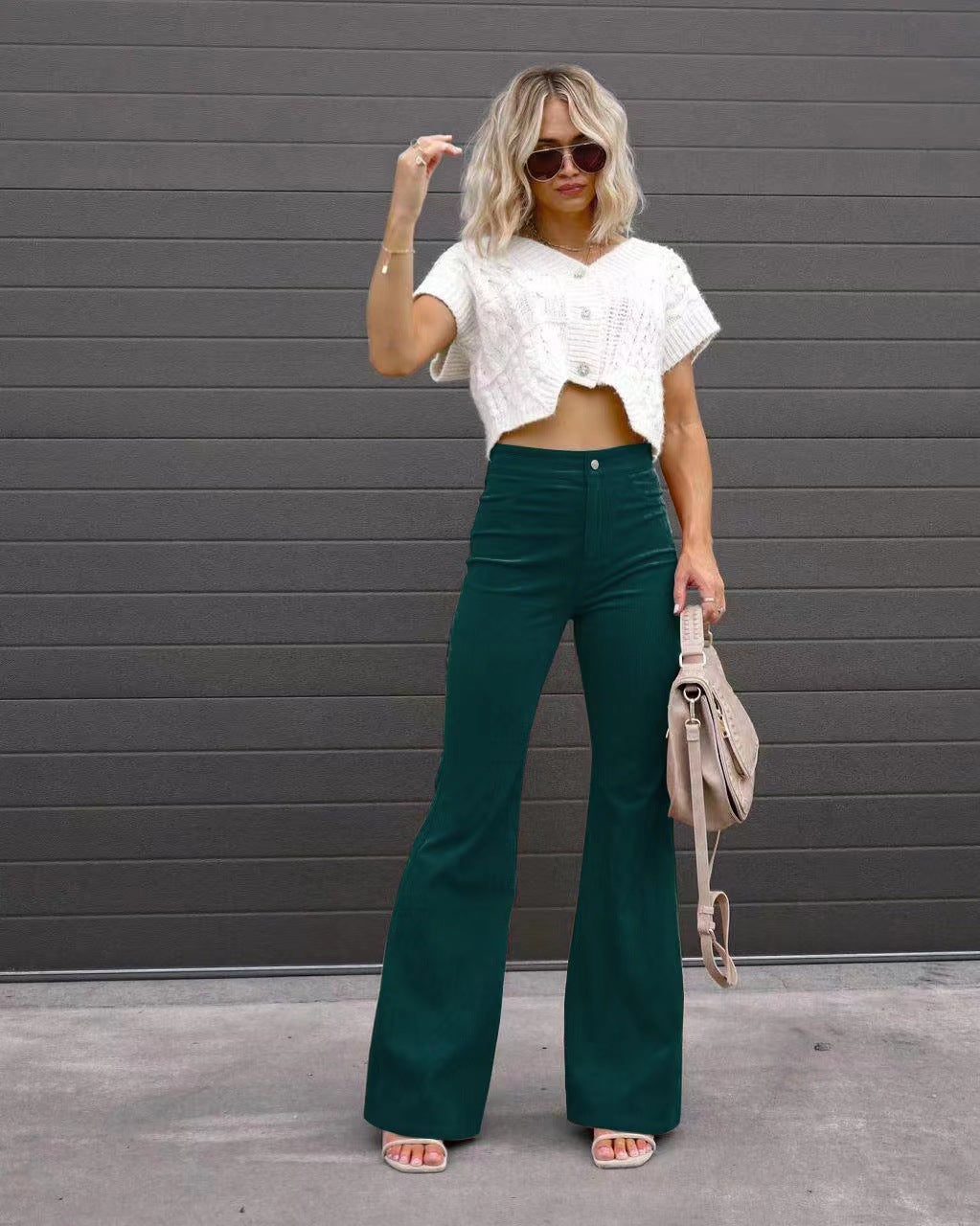 Solid Color Mid-waist Slim-fit Micro Flared Pants Corduroy - Fashionner