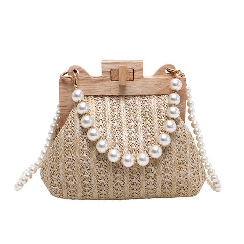 Sac à bandoulière tressé en paille avec perles pour femme