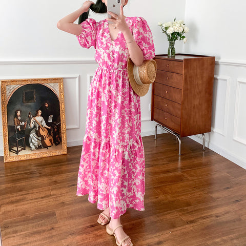 Spring And Summer New Layered Long Dress Printed Puff Sleeve Rose Red - Fashionner