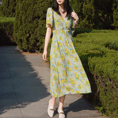 Spring And Summer New Lotus Leaf Sleeve V-neck Long Dress French Waist Floral Skirt - Fashionner