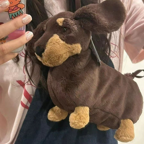 Sac bandoulière en forme de chien saucisse en peluche