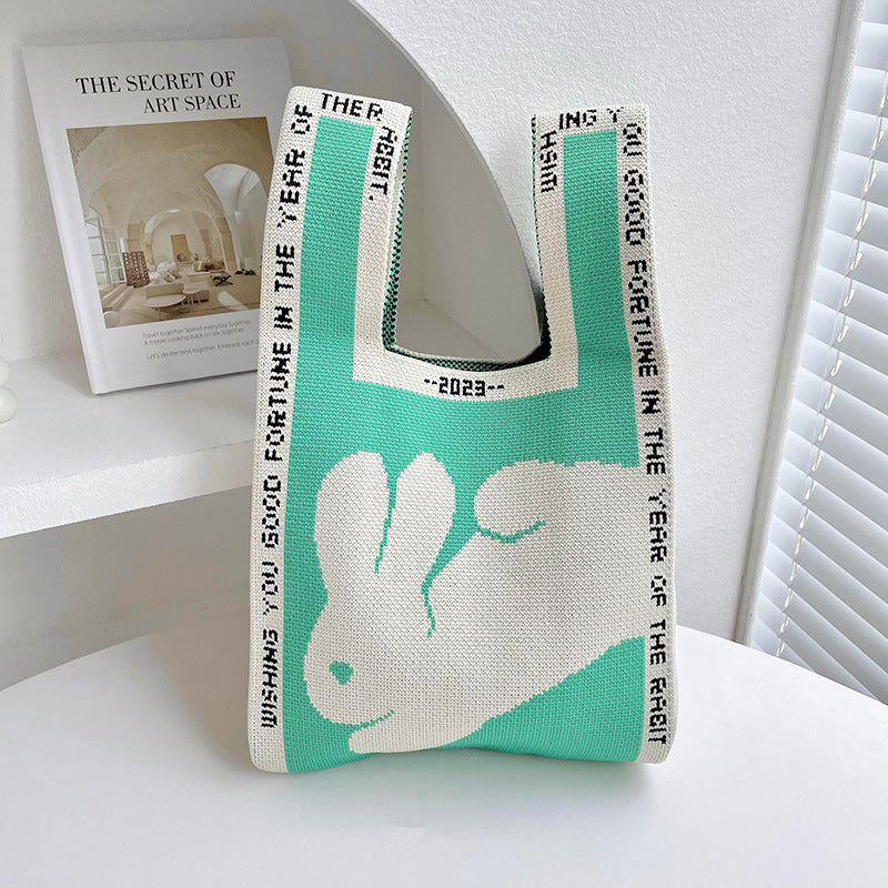 Rabbit Knitted Shoulder Bag Large Capacity Tote - Fashionner