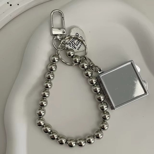 Metal Key Chain And Heart-shaped Mirror Pendant