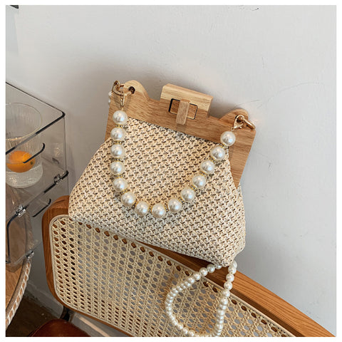 Sac à bandoulière tressé en paille avec perles pour femme