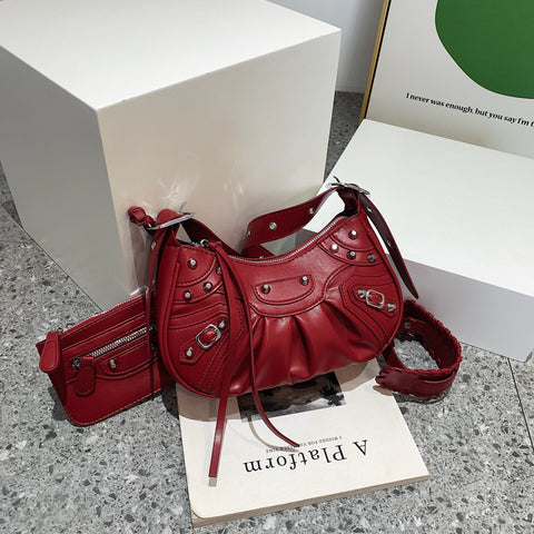 Women's Fashion Vintage Crumpled Crescent Moon Son Mother Shoulder Bag - Fashionner