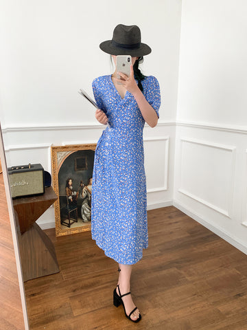 Wrap Lace-up Long Dress French Tea Dress Floral Skirt Light Blue Retro Style - Fashionner