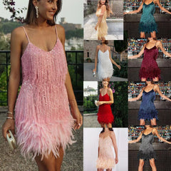 V-neck Strap Feather Stitching Dress - Fashionner