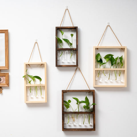 Vase hydroponique en verre avec cadre en bois à suspendre – Décoration créative rétro pour chambre et salon