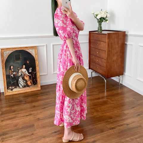 Spring And Summer New Layered Long Dress Printed Puff Sleeve Rose Red - Fashionner
