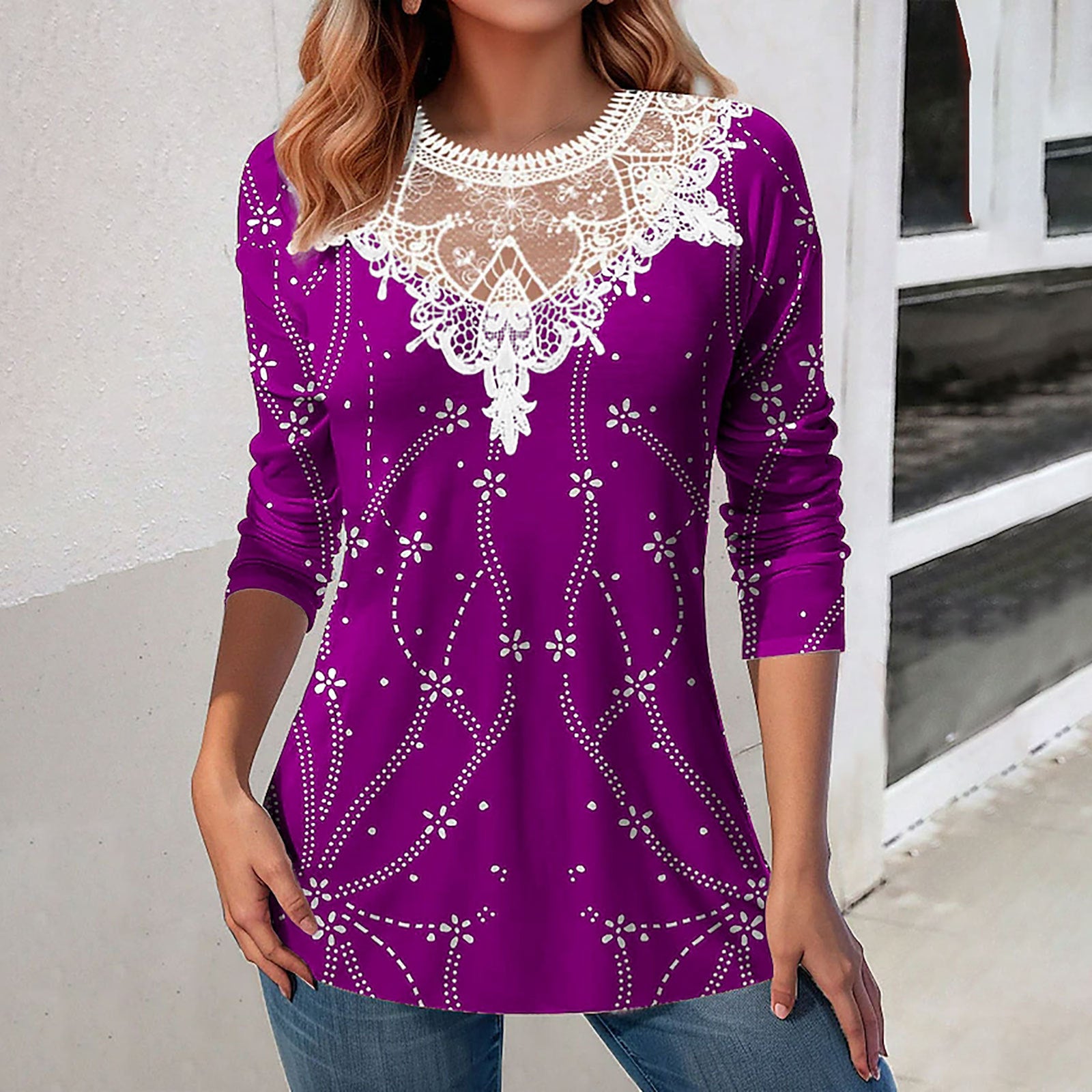 Lace Patchwork Round Neck Top Fashion Casual Printing Loose Long Sleeve Top Women - Fashionner