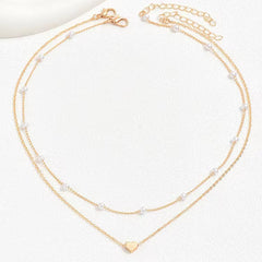 Special-interest Design Double Layer Twin Pearl Heart Necklace - Fashionner
