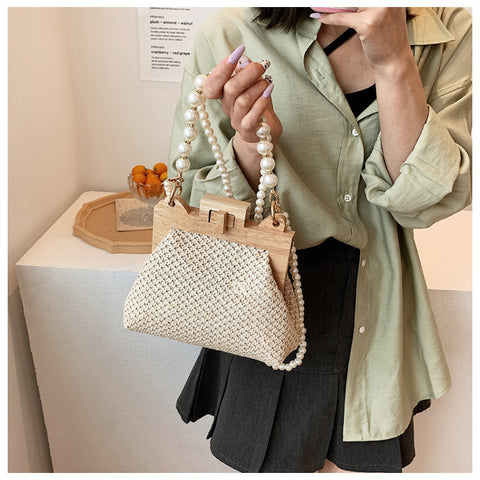 Sac à bandoulière tressé en paille avec perles pour femme