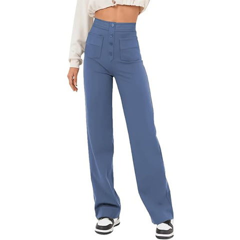 Women's Clothing High Waist Pocket Wide Leg Button Casual Loose Straight Trousers - Fashionner