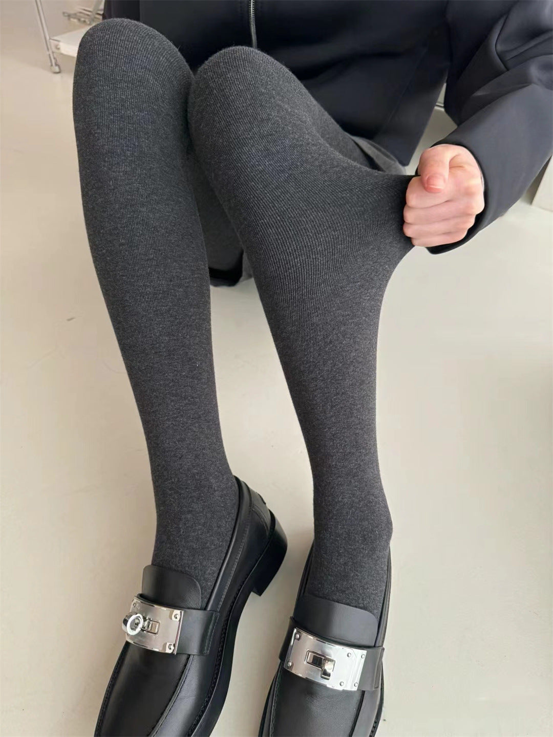 Gray Thickened Vertical Stripes Cotton Pantyhose - Fashionner