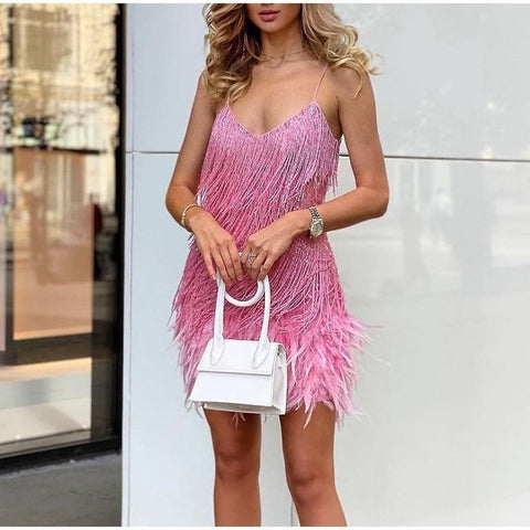 V-neck Strap Feather Stitching Dress - Fashionner