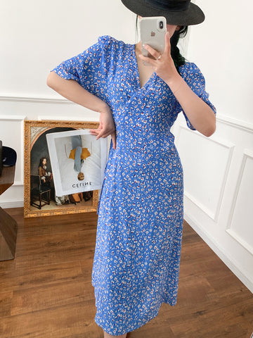 Wrap Lace-up Long Dress French Tea Dress Floral Skirt Light Blue Retro Style - Fashionner