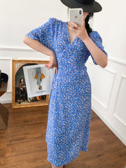 Wrap Lace-up Long Dress French Tea Dress Floral Skirt Light Blue Retro Style - Fashionner