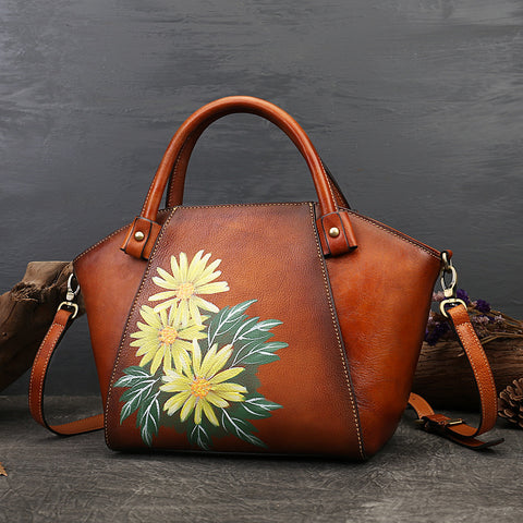 Retro Hand-painted Tote Bag First Layer Cowhide - Fashionner