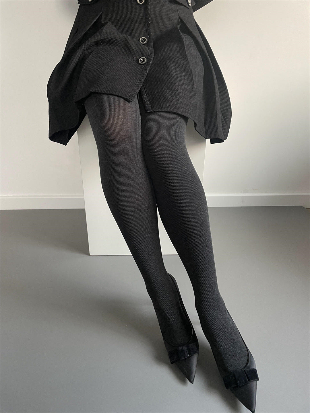 Gray Thickened Vertical Stripes Cotton Pantyhose - Fashionner