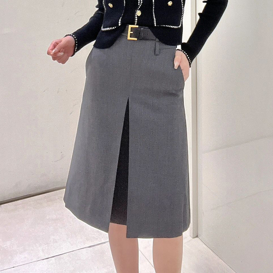 Women's Skirt Gray Worsted Pleated Suit A- Line Skirt Business Wear - Fashionner