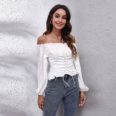 Pleating Lantern Sleeve Off-neck Short Top Women's Long Sleeve Chiffon Shirt - Fashionner