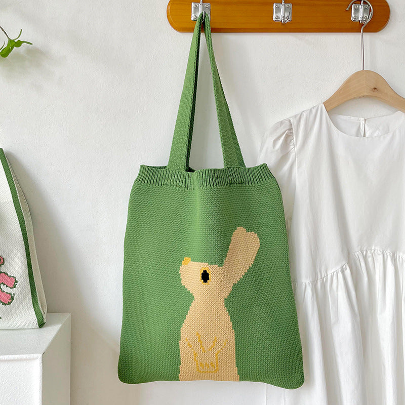 Rabbit Knitted Shoulder Bag Large Capacity Tote - Fashionner