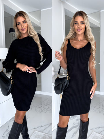 2pcs Suit Women's Solid Stripe Long-sleeved Top And Tight Suspender Skirt Fashion Autumn Winter Slim Clothing - Fashionner