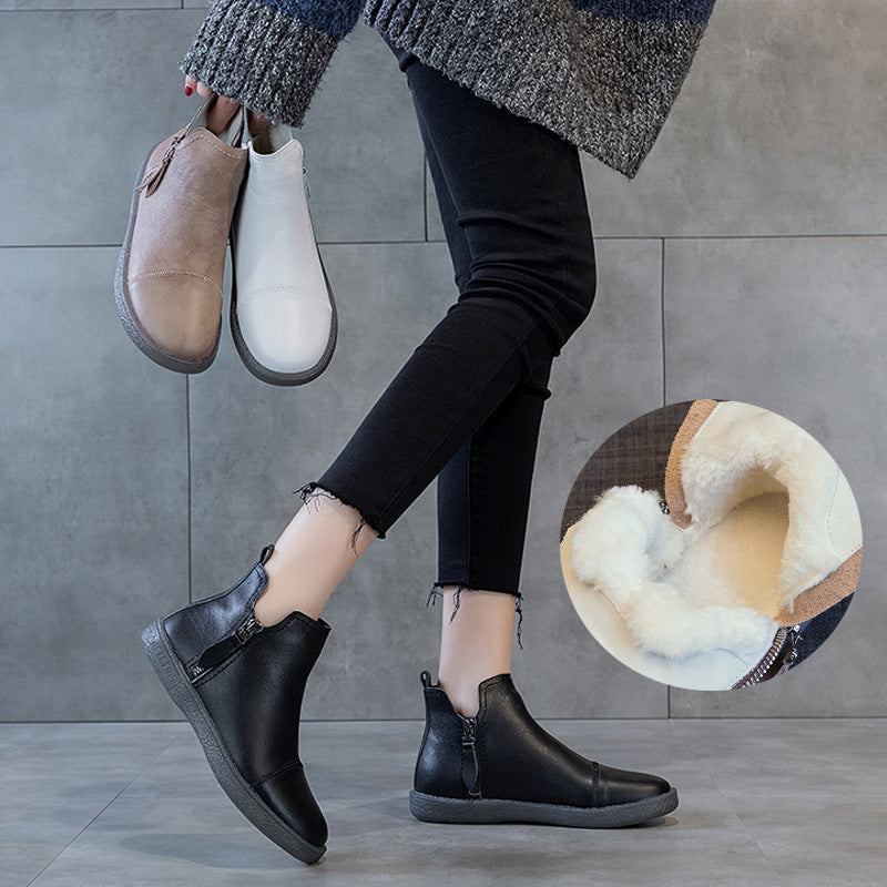 Velvet Padded All-matching Women's Double Zipper White Shoes - Fashionner