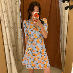 French Floral Tied Dress Orange Printed V-neck Short Sleeve Slim Dress - Fashionner