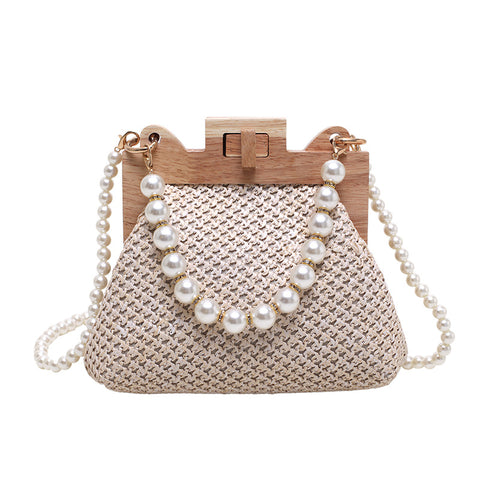 Sac à bandoulière tressé en paille avec perles pour femme
