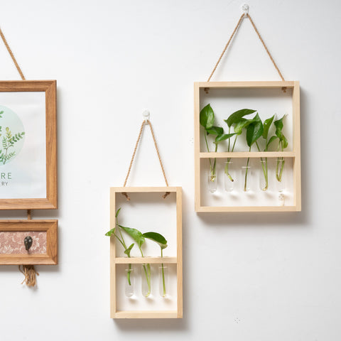 Vase hydroponique en verre avec cadre en bois à suspendre – Décoration créative rétro pour chambre et salon
