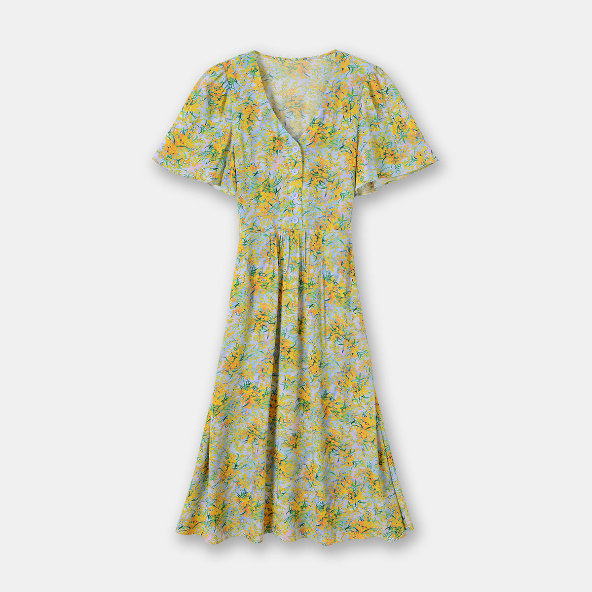 Spring And Summer New Lotus Leaf Sleeve V-neck Long Dress French Waist Floral Skirt - Fashionner