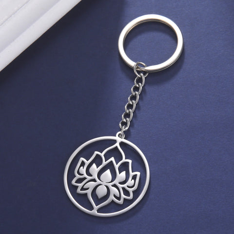Porte-clés en acier inoxydable et titane à motif de lotus