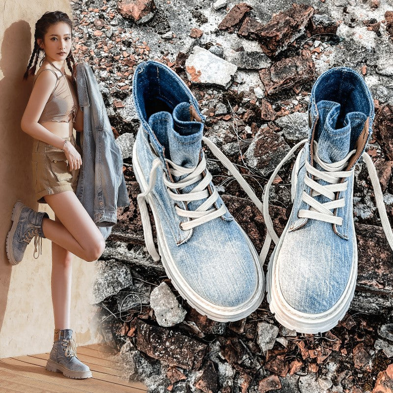 New Thick-soled Short Martin Boots Women's Retro Denim Lace-up - Fashionner