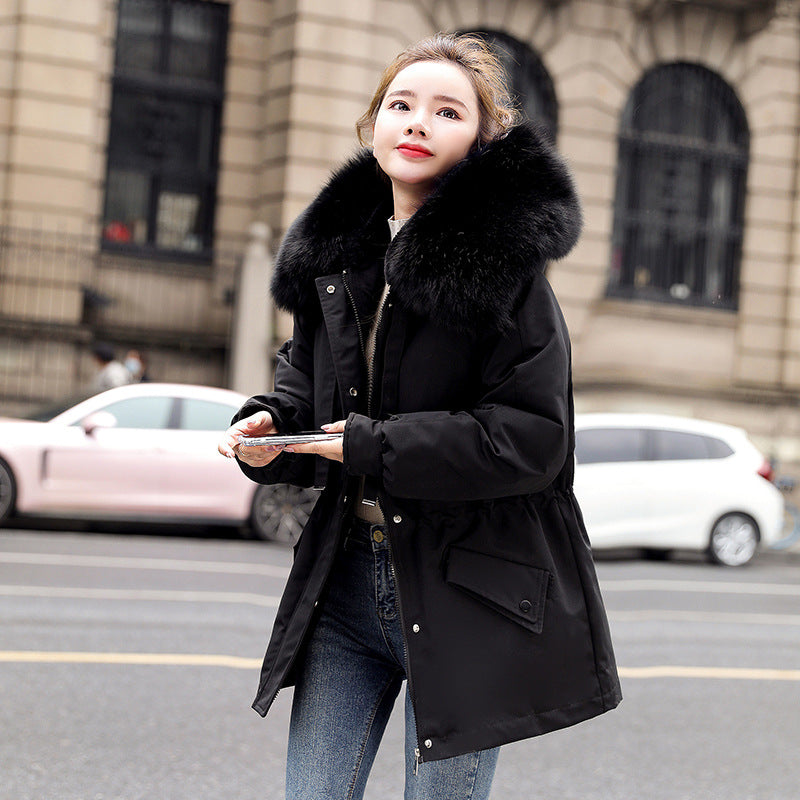 New Fleece-lined Mid-length Big Fur Collar Thicken Cotton Clothes Coat - Fashionner