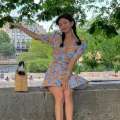 French Floral Tied Dress Orange Printed V-neck Short Sleeve Slim Dress - Fashionner